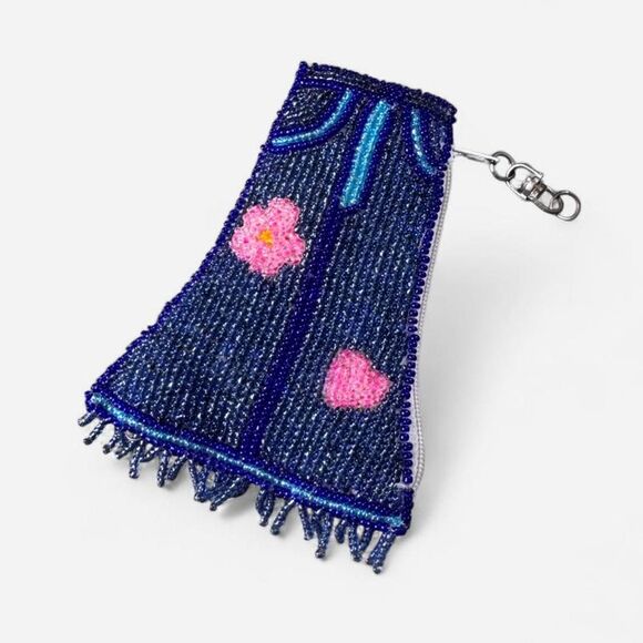 Source Unknown Accessories - Blue denim jeans beaded keychain with pink flower design